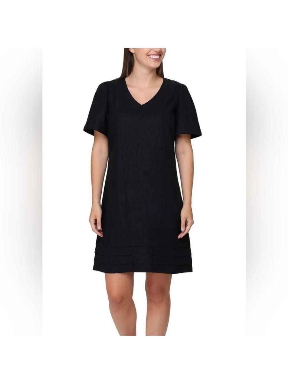 Nicole Miller Women's Black V-Neck Linen Blend Mini Dress Sz.Smalk
